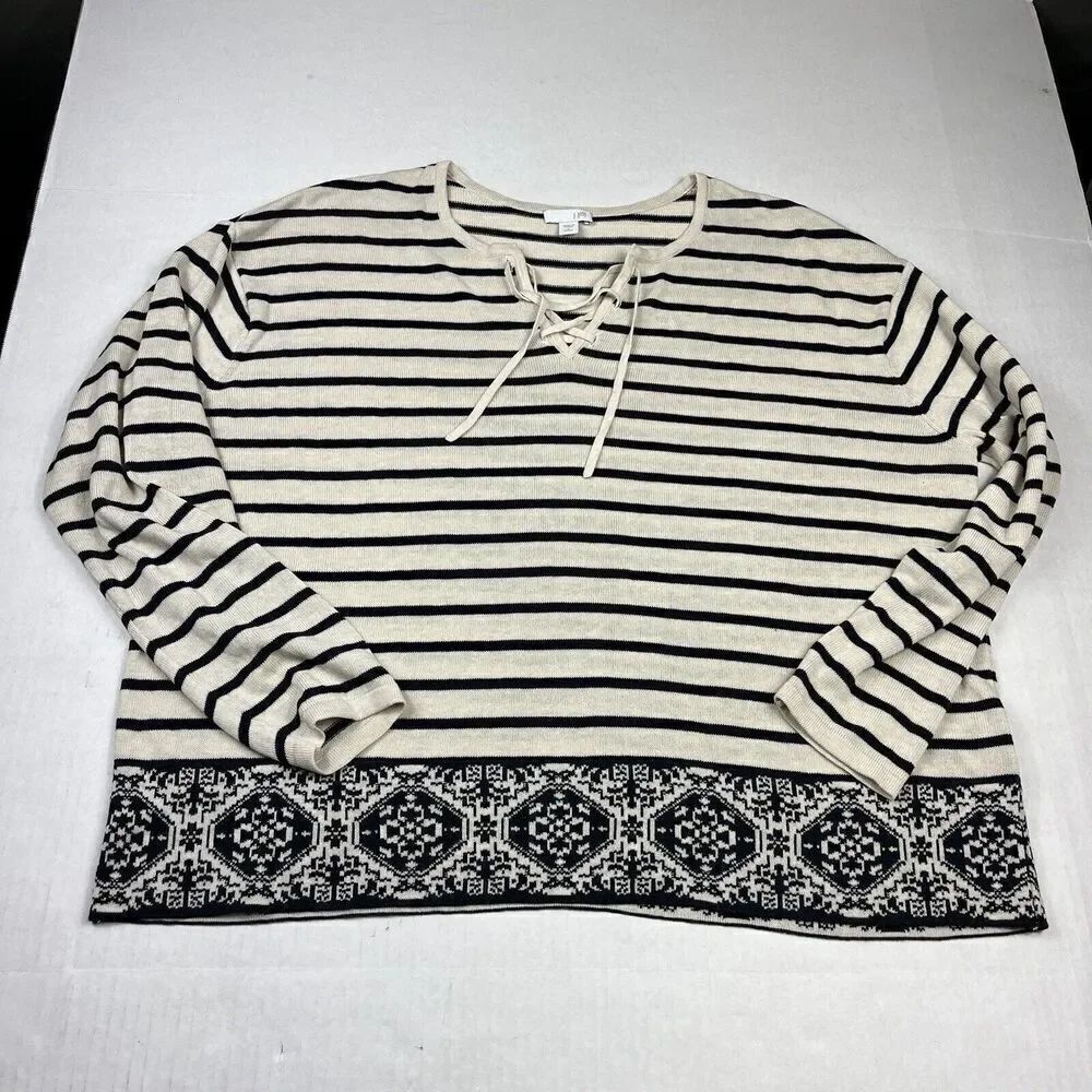 J.Jill Womens Lace Up Sweater Striped Long Sleeve Casual Pullover PL PETITES
